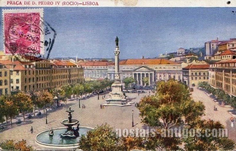 Bilhete postal ilustrado de Lisboa: Praça Dom Pedro IV (Rossio) | Portugal em postais antigos