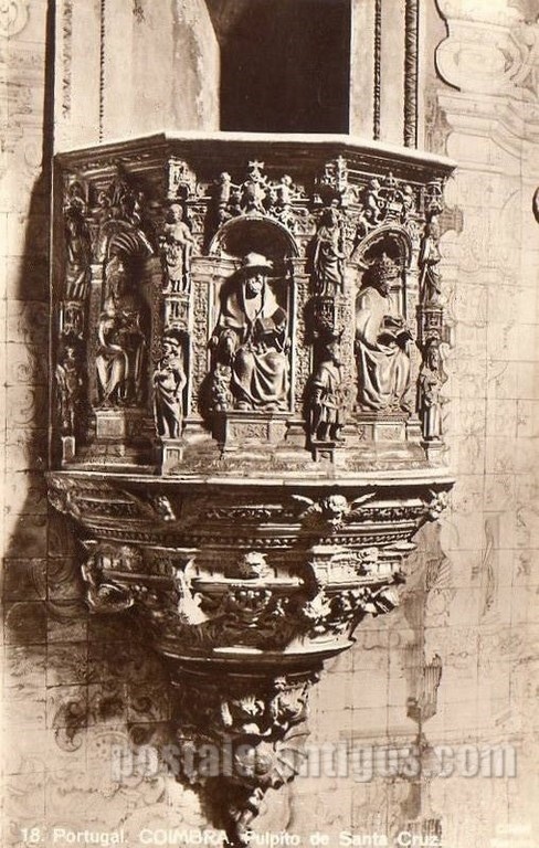 Postal antigo de Coimbra, Portugal: Pulpito da Igreja de Santa Cruz.