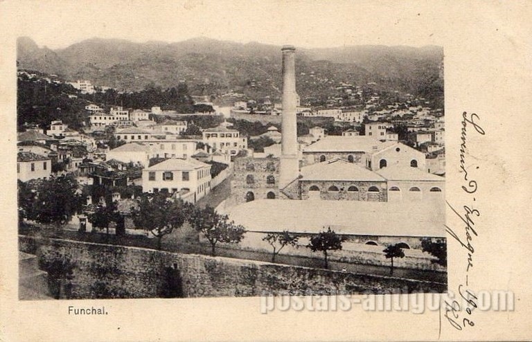 Bilhete postal ilustrado da Fábrica da Companhia Fabril de Açúcar Madeirense Funchal, Madeira | Portugal em postais antigos 