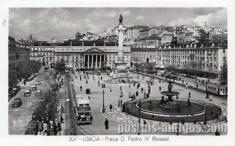 Bilhete postal ilustrado de Lisboa: Praça Dom Pedro IV (Rossio) | Portugal em postais antigos