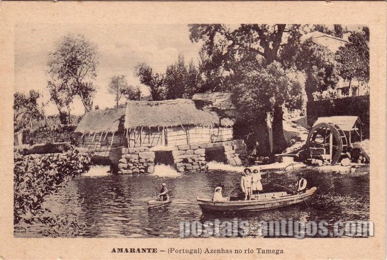 Bilhete postal ilustrado de Amarante: Azenhas no rio Tâmega | Portugal em postais antigos