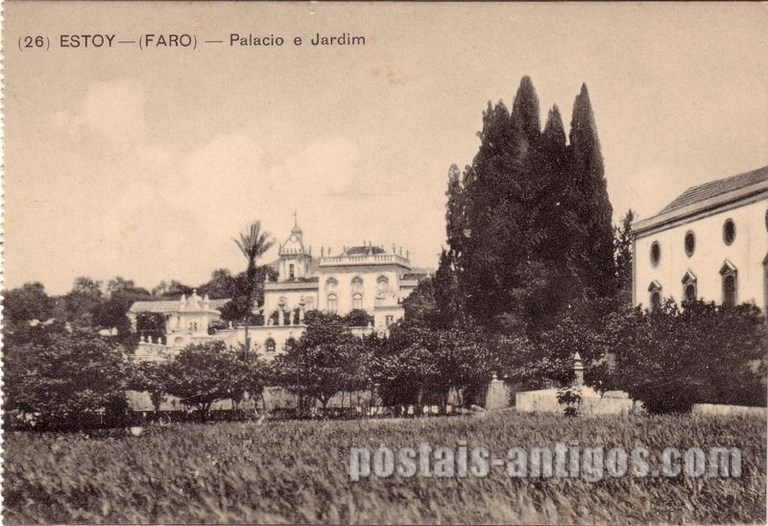 Bilhete postal de Faro: Palácio de Estói e jardim | Portugal em postais antigos