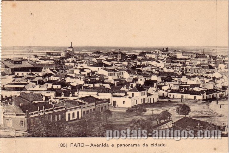 Bilhete postal de Faro: Avenida e panorama da cidade | Portugal em postais antigos