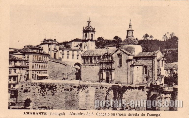 Bilhete postal ilustrado de Amarante: Mosteiro de São Gonçalo, na margem direita do rio Tâmega | Portugal em postais antigos