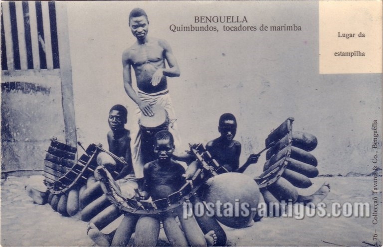 Bilhete postal ilustrado dos Quimbundos, tocadores de marimba, Benguela, Angola | Portugal em postais antigos 