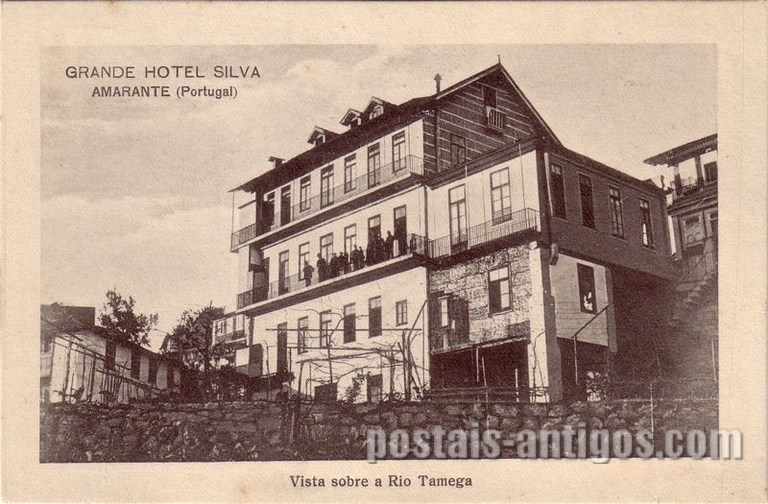 Bilhete postal ilustrado de Amarante: Grande Hotel Silva, vista sobre o rio Tâmega| Portugal em postais antigos