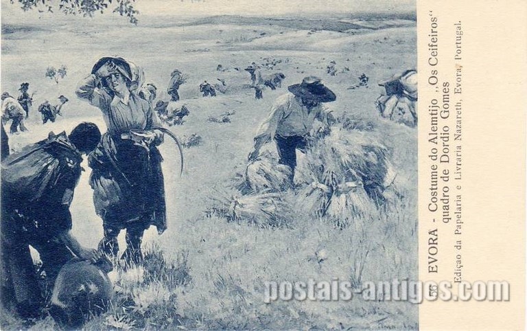 Bilhete postal do Costume do Alentejo - Os Ceifeiros - Quadro de Dordio Gomes | Portugal em postais antigos