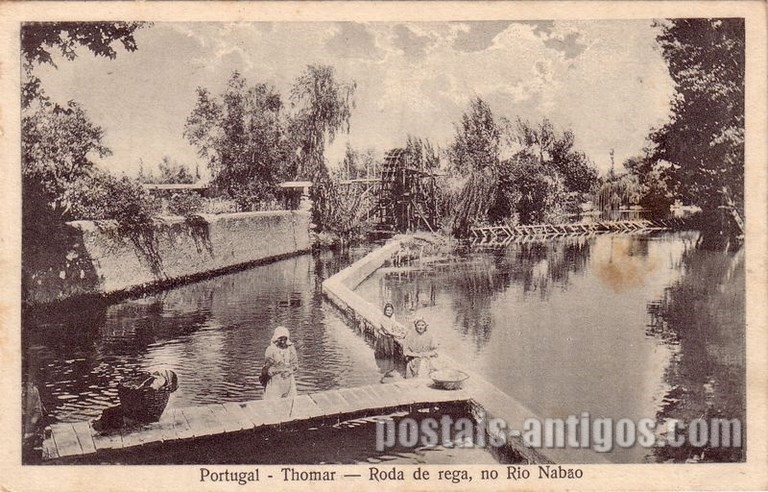 Bilhete postal ilustrado da Roda de rega no rio Nabão, Tomar | Portugal em postais antigos