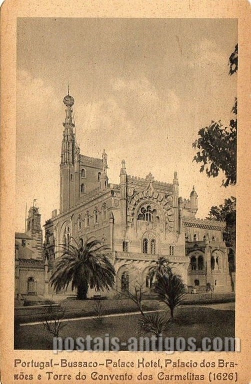 Postal antigo de Buçaco, Portugal: Palace Hotel,  Palácio dos Brasões e Torre do Convento dos Carmelitas (1626).