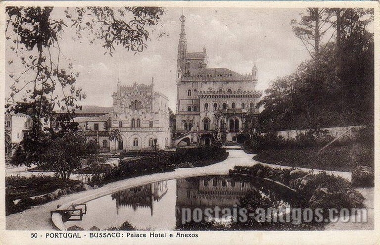 Postal antigo de Buçaco, Portugal: Palace Hotel e anexos.