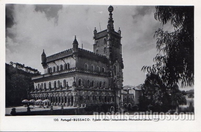 Postal antigo de Buçaco, Portugal: Palace Hotel (arquitectura Manuelina - Século XVIII)