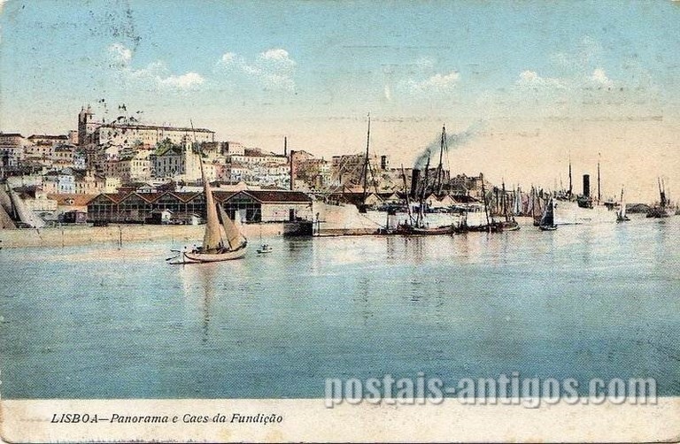 Bilhete postal ilustrado Lisboa, Panorama e cais da Fundição | Portugal em postais antigos