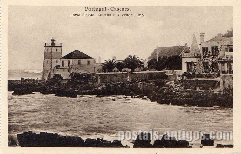 Bilhete postal ilustrado de Cascais, Farol de Santa Marta e Vivenda Lino | Portugal em postais antigos 