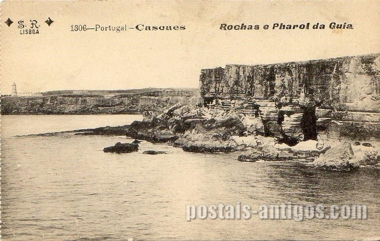 Bilhete postal ilustrado de Cascais, Rochas e Farol da Guia | Portugal em postais antigos 