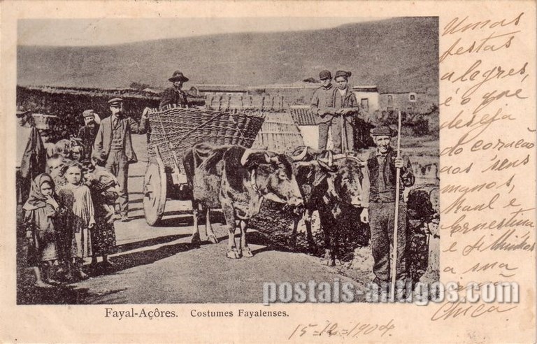 Bilhete postal dos Costumes Faialenses, carro de bois, Faial | Portugal em postais antigos 