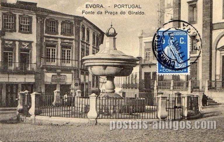 Bilhete postal da Fonte da Praça do Giraldo​, Évora | Portugal em postais antigos