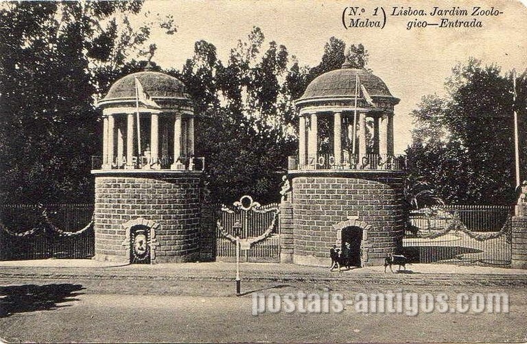 bilhete postal ilustrado da Entrada ​Jardim Zoológico de Lisboa | Portugal em postais antigos