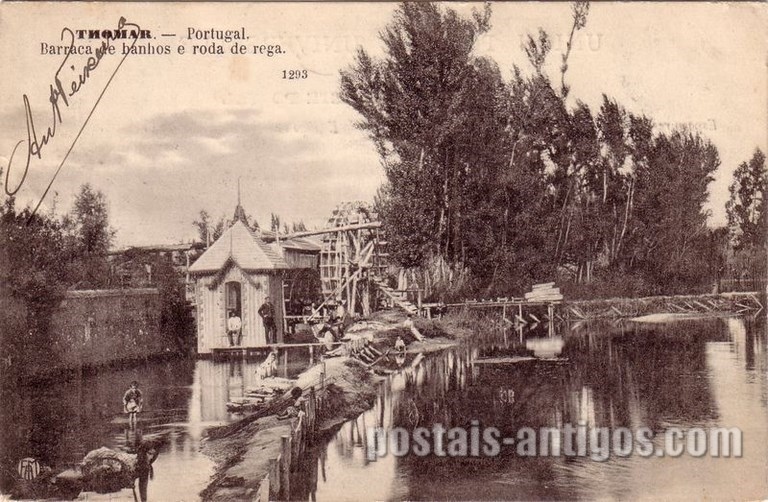 Bilhete postal antigo de Tomar : Barraca de Banhos e roda de rega | Portugal em postais antigos