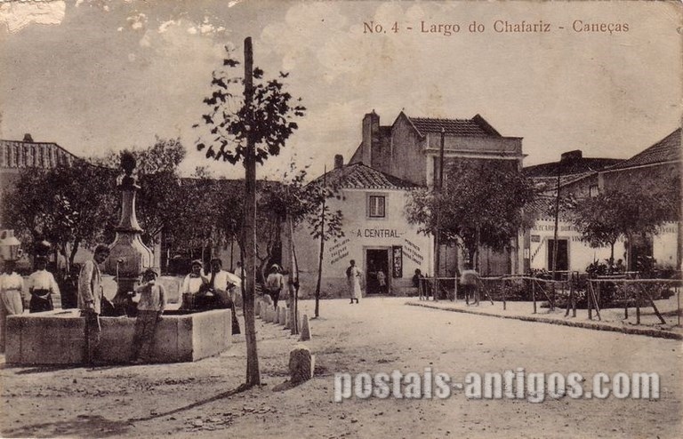 bilhete postal ilustrado antigo do Largo do Chafariz, Caneças  | Portugal em postais antigos