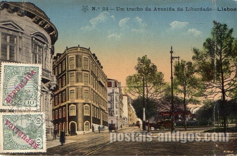 Bilhete postal ilustrado de um trecho da Avenida da Liberdade, Lisboa | Portugal em postais antigos
