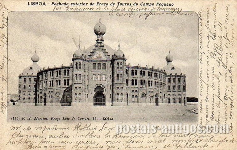 Bilhete postal ilustrado de Lisboa, Fachada exterior de Praça de Touros do Campo Pequeno | Portugal em postais-antigos.com | Portugal em postais antigos