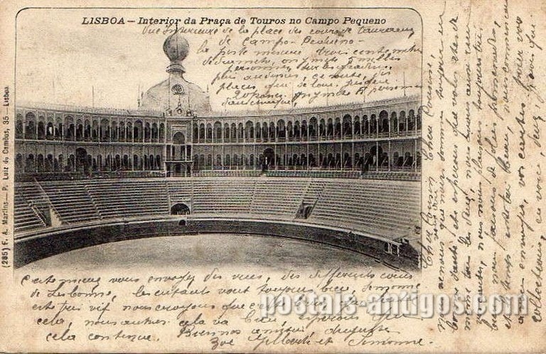 Bilhete postal ilustrado de Lisboa, Interior da Praça de Touros no Campo Pequeno | Portugal em postais antigos
