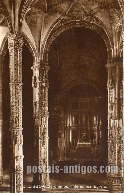 Bilhete postal de Lisboa, Portugal: Interior da Igreja Santa Maria de Belém no Mosteiro dos Jerónimos.