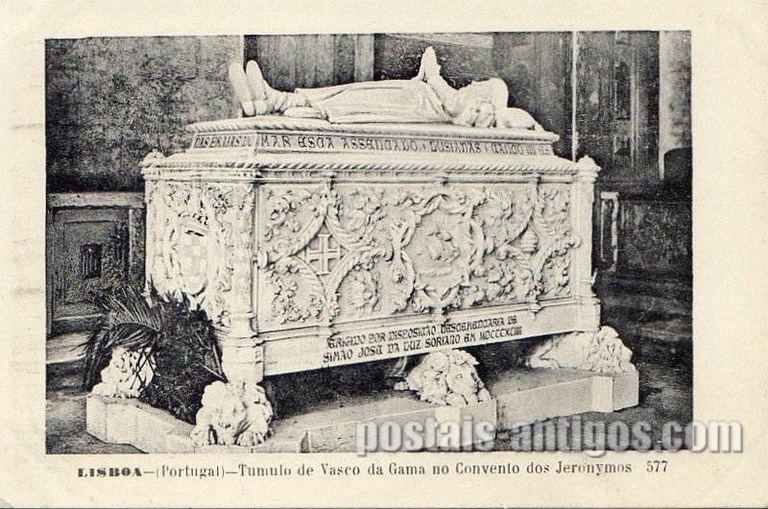 Bilhete postal de Lisboa, Portugal: Mosteiro dos Jerónimos - Túmulo Vasco de Gama.