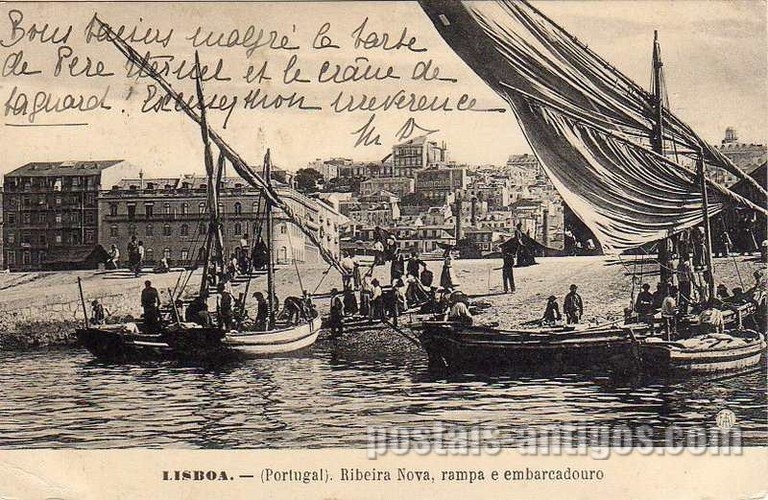 Bilhete postal de Lisboa: Ribeira Nova - Rampa e embarcoudouro | Portugal em postais antigos