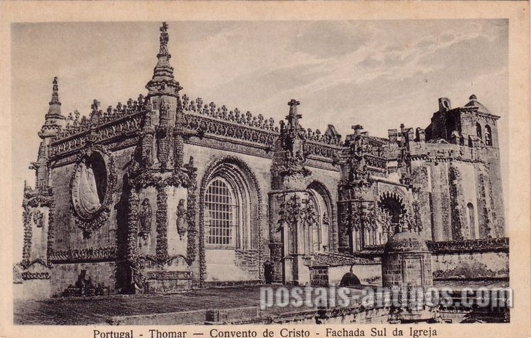 Bilhete postal ilustrado da Fachada Sul da Igreja do Convento de Cristo, Tomar | Portugal em postais antigos