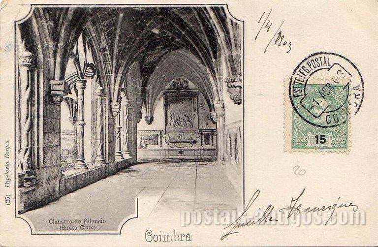 Postal antigo de Coimbra, Portugal: Claustro do Silêncio no Mosteiro Santa Cruz.