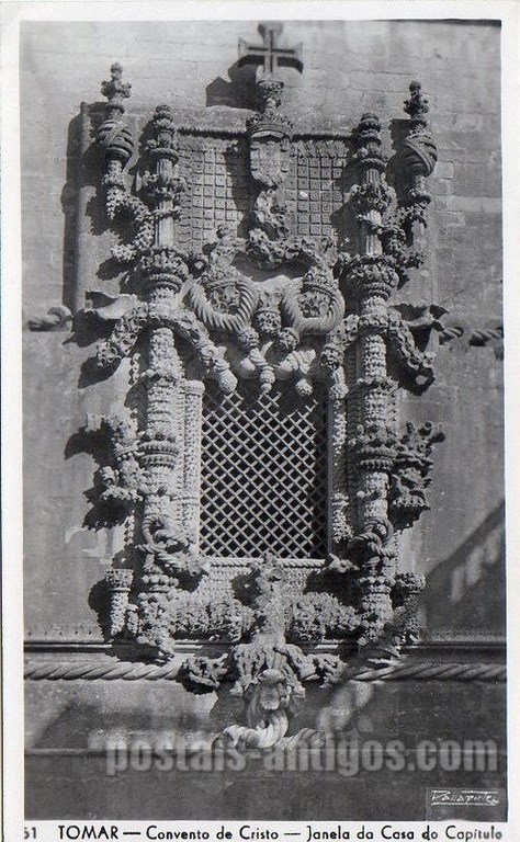 Bilhete postal ilustrado de Tomar, Convento de Cristo, janela da Casa do Capítulo | Portugal em postais antigos 