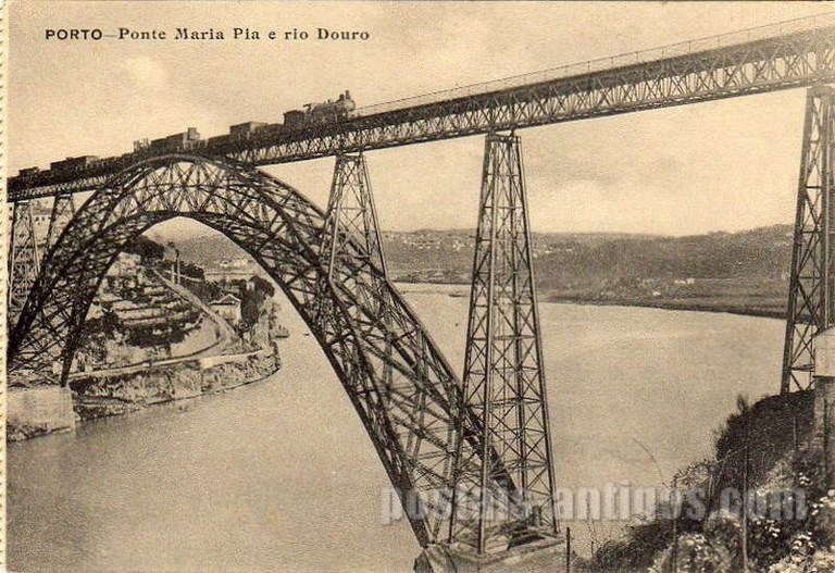 Postal antigo de Porto, Portugal: Ponte Maria Pia e rio Douro​ | Portugal em postais antigos