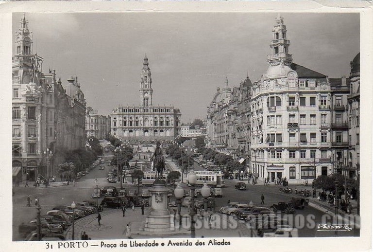 Postal antigo de Porto, Portugal: Praça da Liberdade e Avenida dos Aliados | Portugal em postais antigos