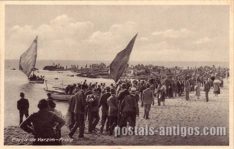 Bilhete postal ilustrado da praia de Póvoa de Varzim: | Portugal em postais antigos