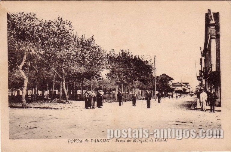 Bilhete postal ilustrado de Póvoa de Varzim: Praça do Marquês de Pombal | Portugal em postais antigos