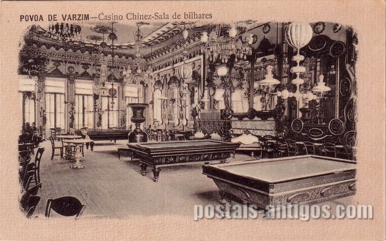 Bilhete postal ilustrado de Póvoa de Varzim: Sala de bilhares do Casino Chinês | Portugal em postais antigos