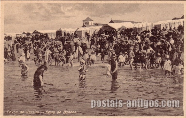 Bilhete postal ilustrado de Póvoa de Varzim: Praia de banhos | Portugal em postais antigos