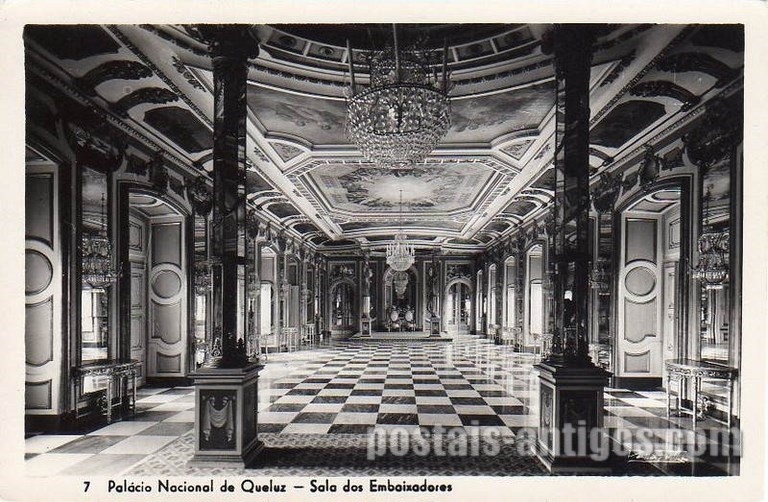Bilhete postal ilustrado de Queluz, sala dos Embaixadores | Portugal em postais antigos 