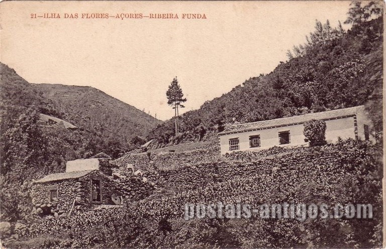 Bilhete postal dos Açores, Ribeira Funda, Lajes das Flores | Portugal em postais antigos