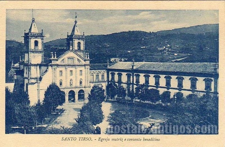 Bilhete postal ilustrado de Santo Tirso, Igreja Matriz e Mosteiro de São Bento | Portugal em postais antigos 