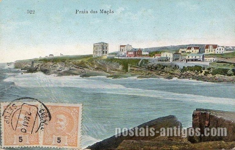 Bilhete postal ilustrado de Colares, praia das Maçãs | Portugal em postais antigos 