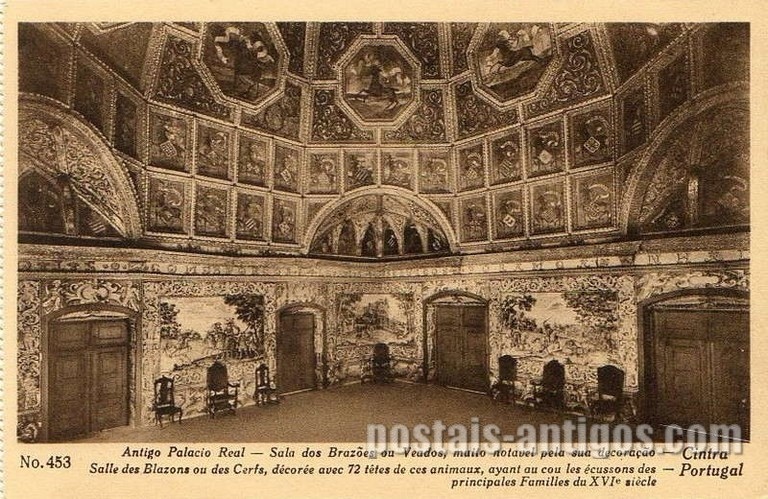 Bilhete postal ilustrado do Antigo Palácio Real, Sala dos brasões Sintra | Portugal em postais antigos 