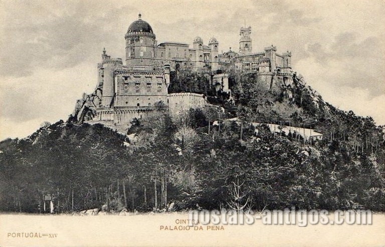 Bilhete postal ilustrado de Sintra, Vista geral do Palácio da Pena | Portugal em postais antigos 