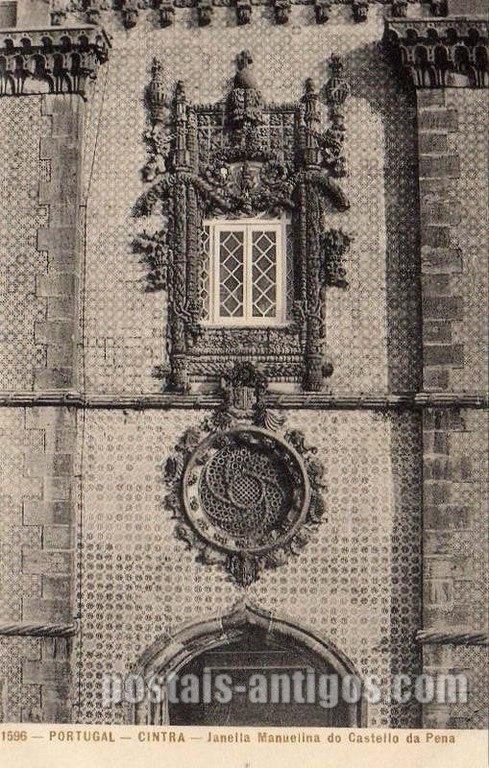 Bilhete postal ilustrado de uma Janela Manuelina do Castelo da Pena, Sintra | Portugal em postais antigos 