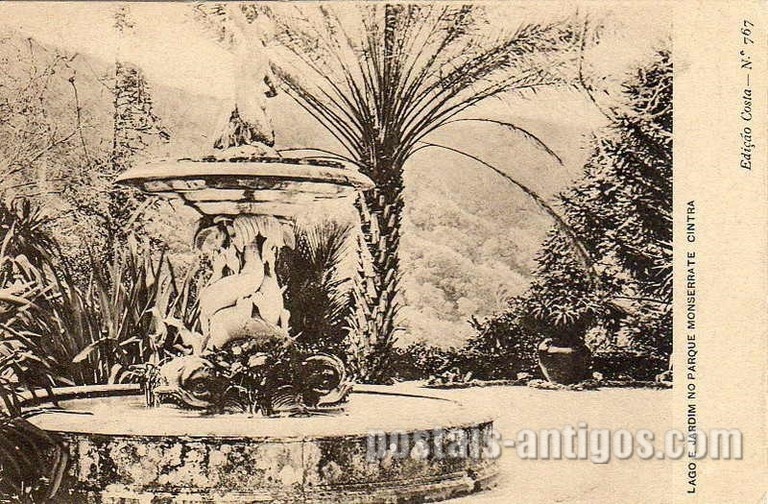 Bilhete postal ilustrado do Lago e jardim no parque Monserrate, Sintra | Portugal em postais antigos 
