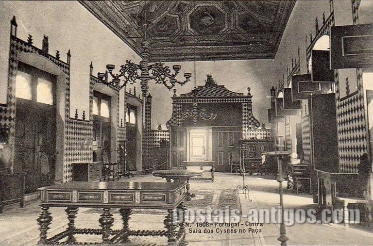 Bilhete postal ilustrado de Sintra, Sala dos Cisnes no Paço do Palácio Nacional | Portugal em postais antigos 
