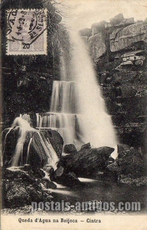 Bilhete postal ilustrado da Queda d'Agua na Beijoca, Quinta da Regaleira | Portugal em postais antigos 