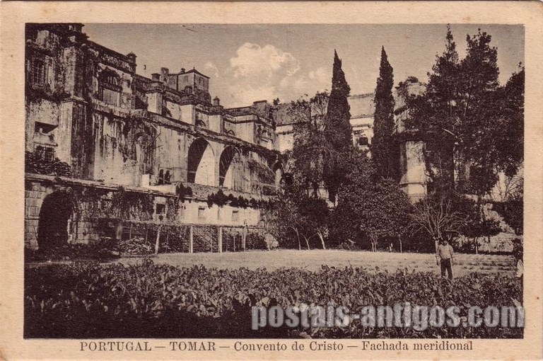 Bilhete postal antigo da Fachada meridional do Convento de Cristo, Tomar | Portugal em postais antigos