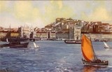 Bilhete postal ilustrado por Alberto Souza: Vista parcial de Lisboa | Portugal em postais-antigos.com